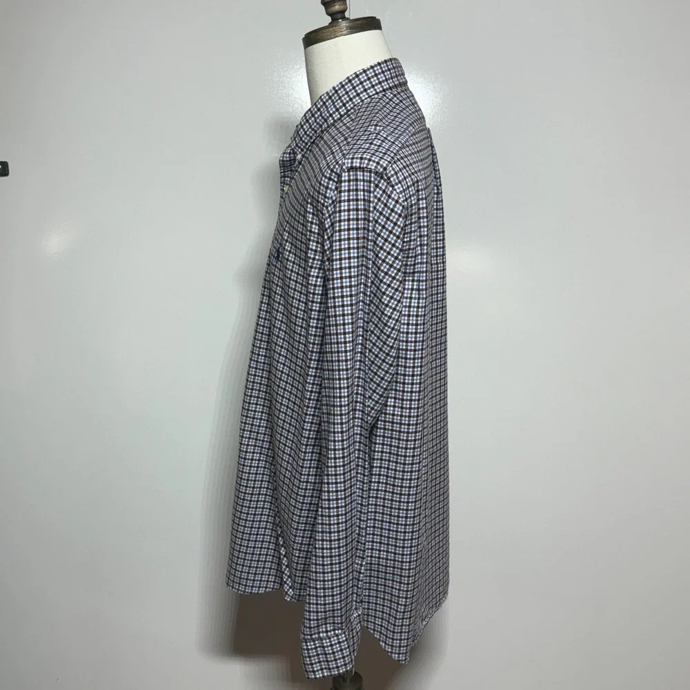 Polo‎ Ralph Lauren Shirt Mens XL Brown Blue Plaid Button Down Long Sleeve Pony
